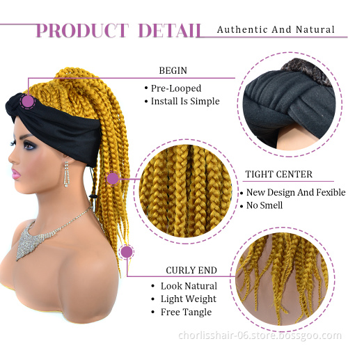 Wholesale Black Blonde Afro Turban Braids Ponytail Wigs headband Synthetic Hair Wigs With Headband Attached For Black Woman